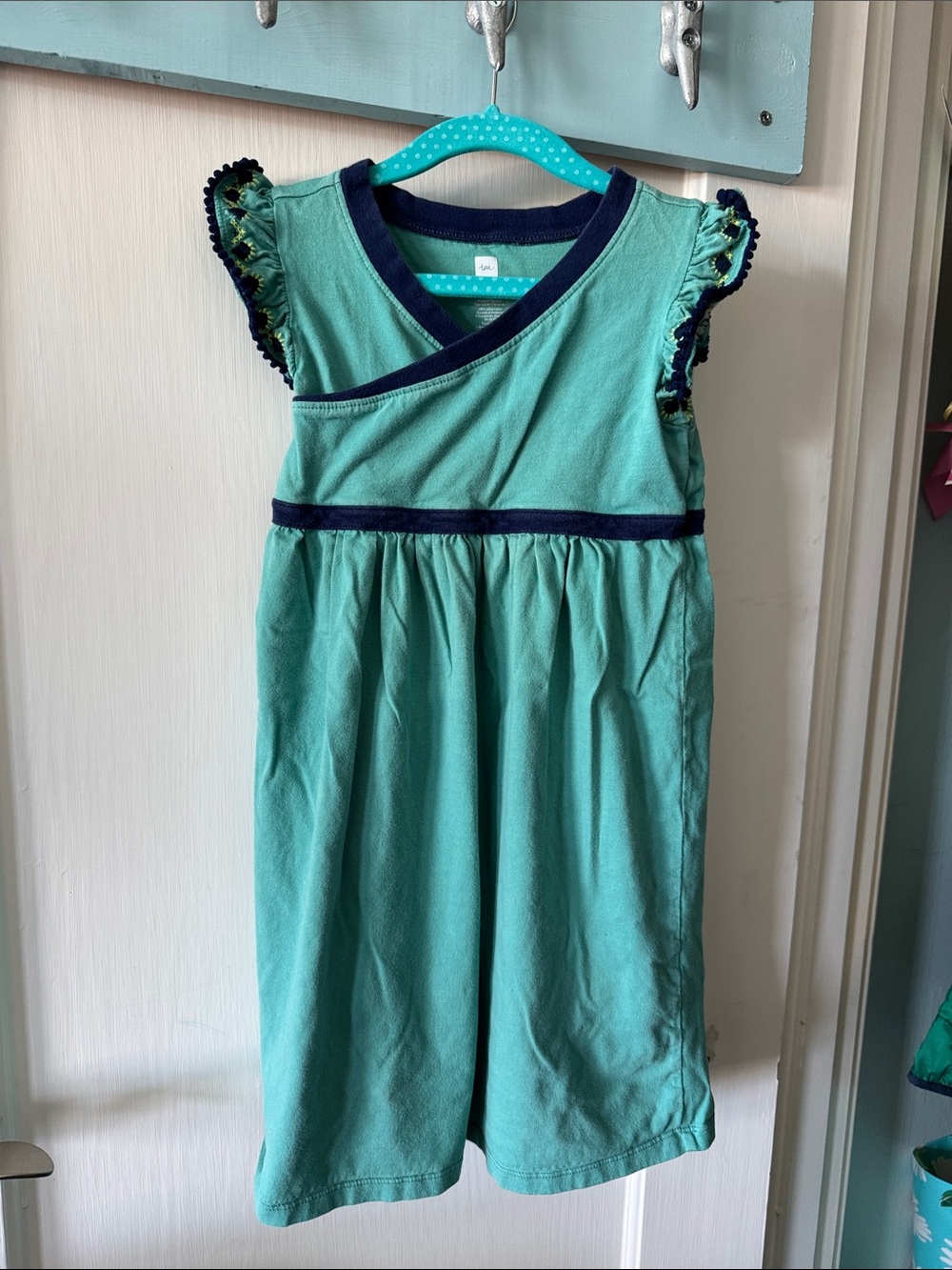 Tea Collection Teal Dress with Navy Trim for Girls and Beautiful Ruffle Sleeves